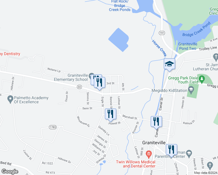 map of restaurants, bars, coffee shops, grocery stores, and more near 611 Rennie Street in Graniteville