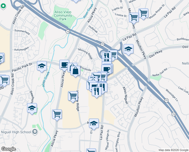 map of restaurants, bars, coffee shops, grocery stores, and more near 38 Coventry Lane in Aliso Viejo