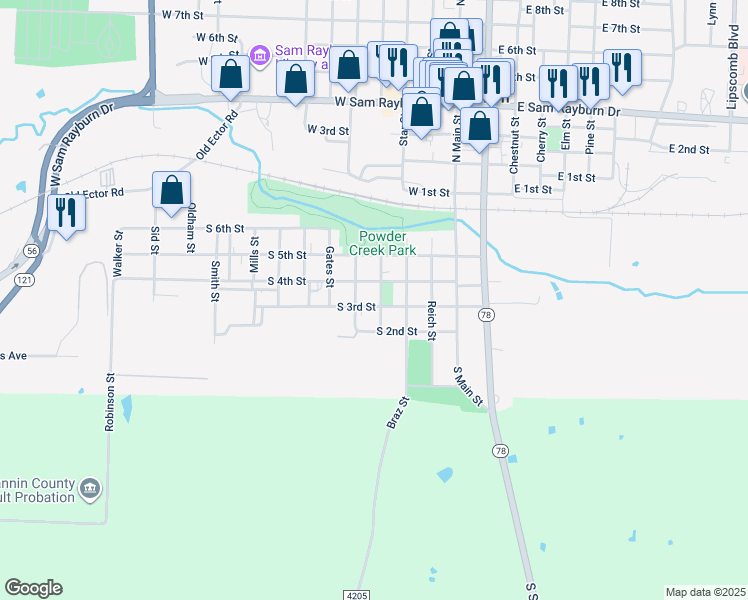 map of restaurants, bars, coffee shops, grocery stores, and more near 305 Bills Street in Bonham