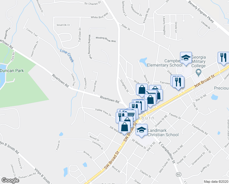 map of restaurants, bars, coffee shops, grocery stores, and more near 136 West Campbellton Street in Fairburn