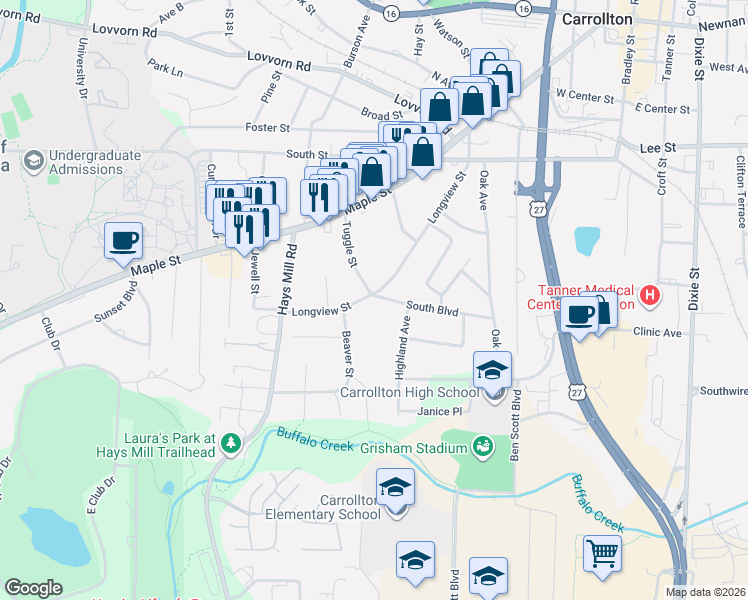 map of restaurants, bars, coffee shops, grocery stores, and more near 101 South Boulevard in Carrollton