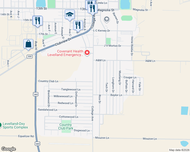map of restaurants, bars, coffee shops, grocery stores, and more near 2019 College Avenue in Levelland