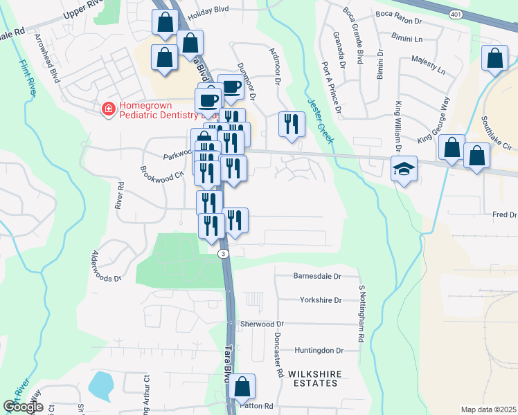 map of restaurants, bars, coffee shops, grocery stores, and more near 6726 Tara Boulevard in Jonesboro
