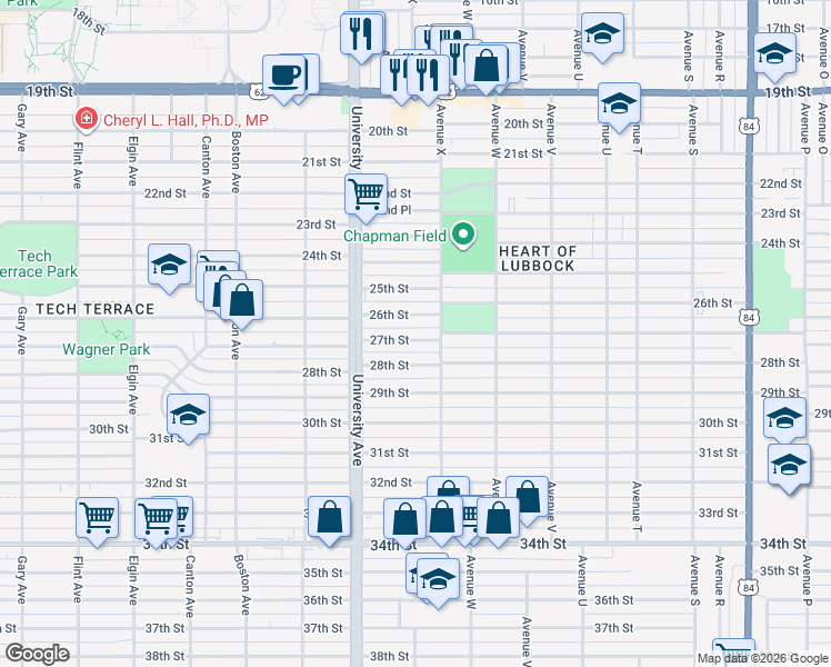 map of restaurants, bars, coffee shops, grocery stores, and more near 2410 27th Street in Lubbock