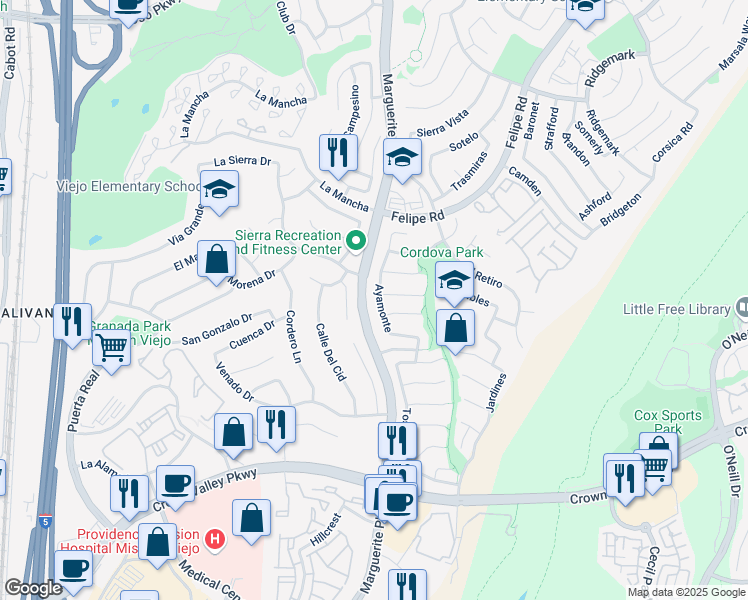 map of restaurants, bars, coffee shops, grocery stores, and more near 27041 Ayamonte in Mission Viejo