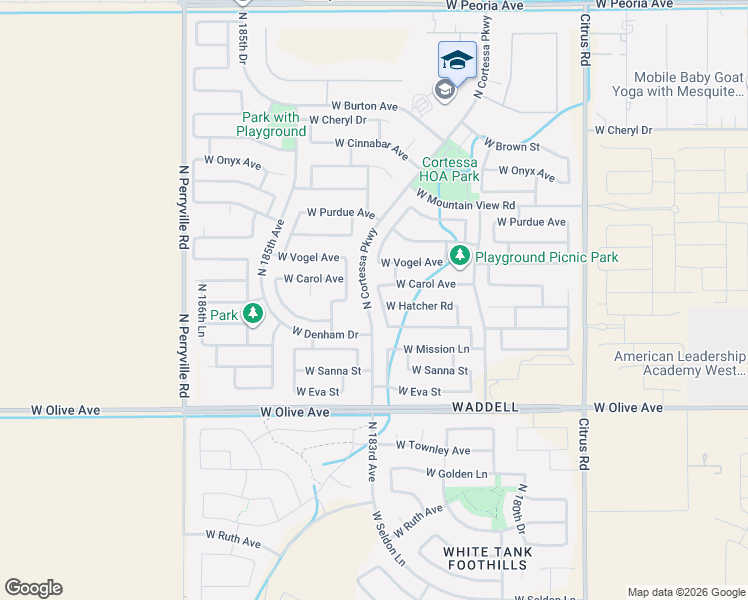 map of restaurants, bars, coffee shops, grocery stores, and more near 9416 North 182ND Lane in Waddell