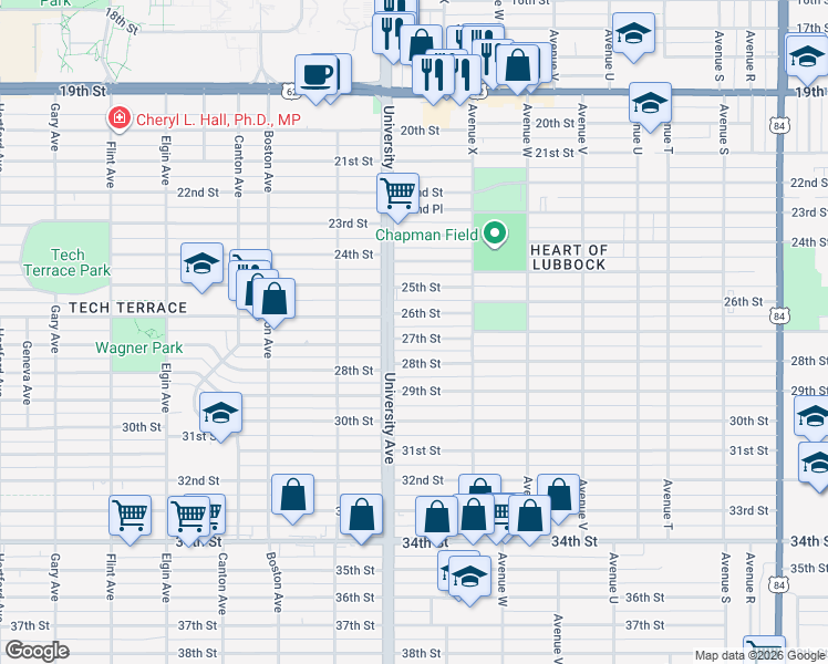map of restaurants, bars, coffee shops, grocery stores, and more near 2428 27th Street in Lubbock