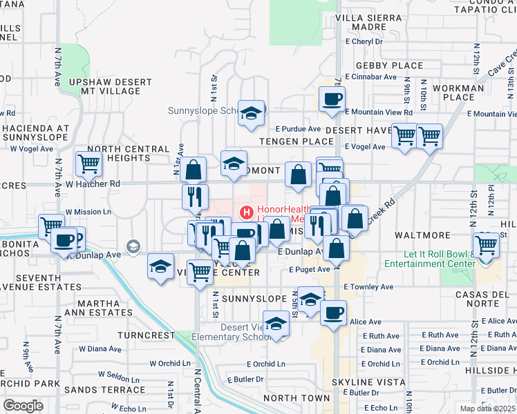 map of restaurants, bars, coffee shops, grocery stores, and more near 9250 North 3rd Street in Phoenix
