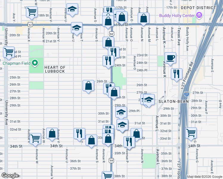 map of restaurants, bars, coffee shops, grocery stores, and more near Avenue Q & 27th Street in Lubbock