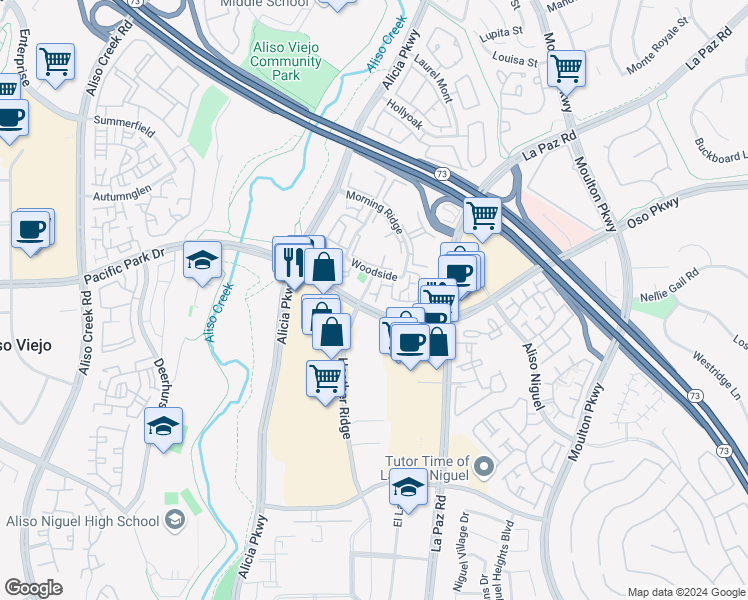 map of restaurants, bars, coffee shops, grocery stores, and more near 1 Hollyhock Lane in Aliso Viejo