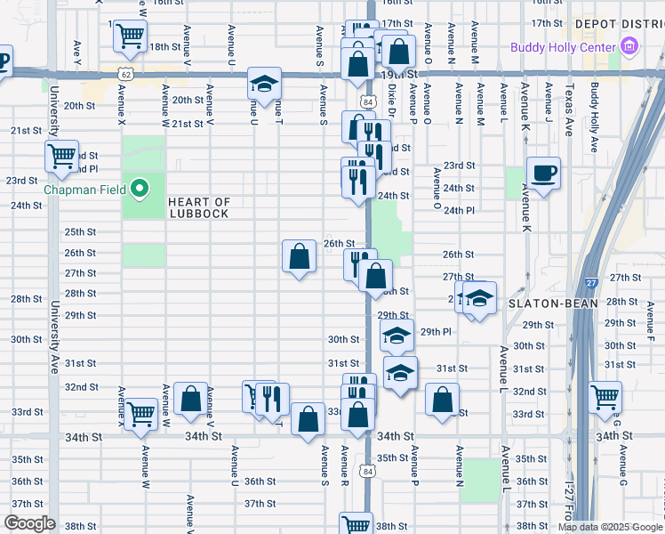 map of restaurants, bars, coffee shops, grocery stores, and more near 1901 27th Street in Lubbock