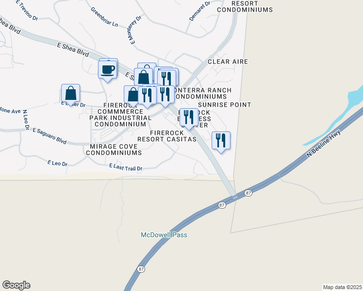 map of restaurants, bars, coffee shops, grocery stores, and more near 9079 North Firebrick Drive in Fountain Hills