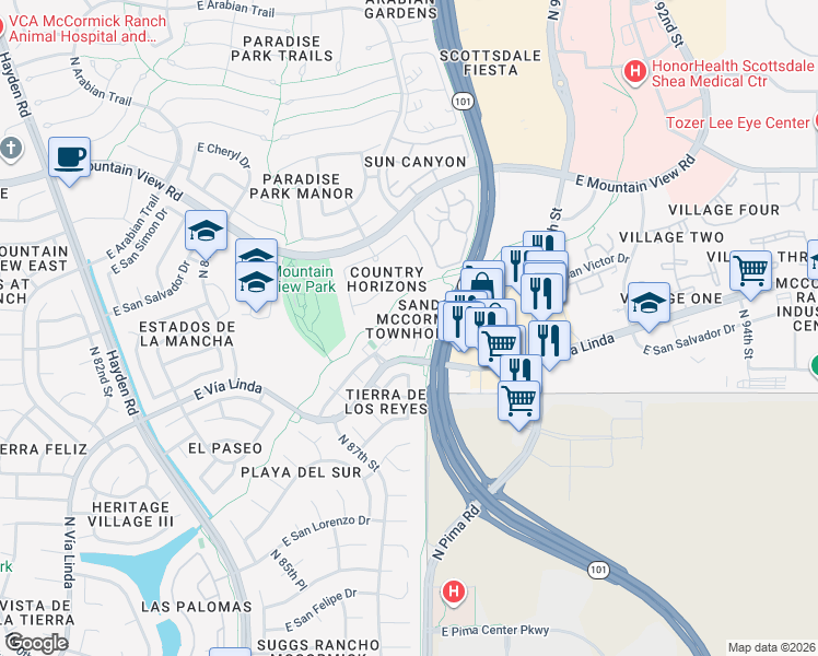 map of restaurants, bars, coffee shops, grocery stores, and more near 8769 East San Rafael Drive in Scottsdale