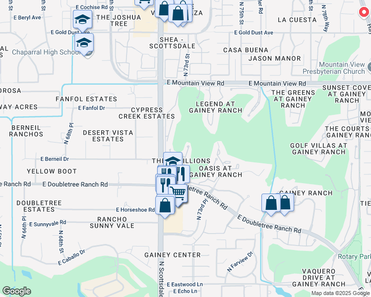 map of restaurants, bars, coffee shops, grocery stores, and more near 7272 East Gainey Ranch Road in Scottsdale