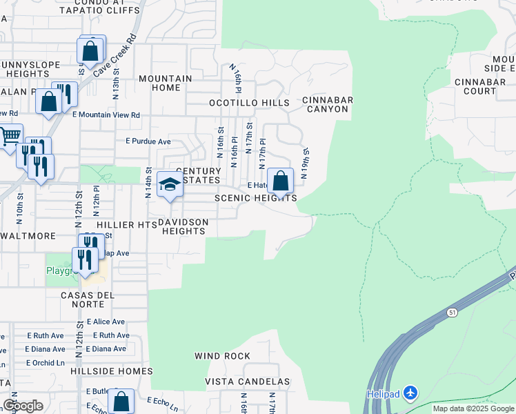 map of restaurants, bars, coffee shops, grocery stores, and more near 1709 East Hatcher Drive in Phoenix