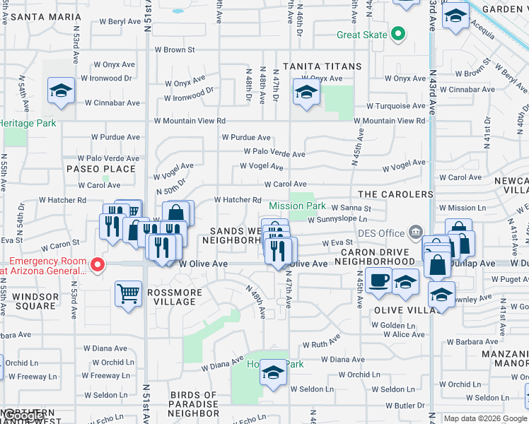 map of restaurants, bars, coffee shops, grocery stores, and more near 9221 North 48th Drive in Glendale