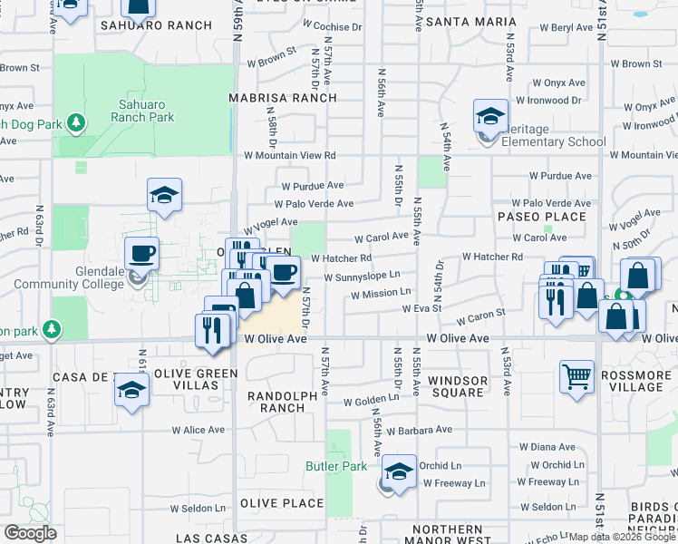 map of restaurants, bars, coffee shops, grocery stores, and more near 5702 West Sunnyslope Lane in Glendale