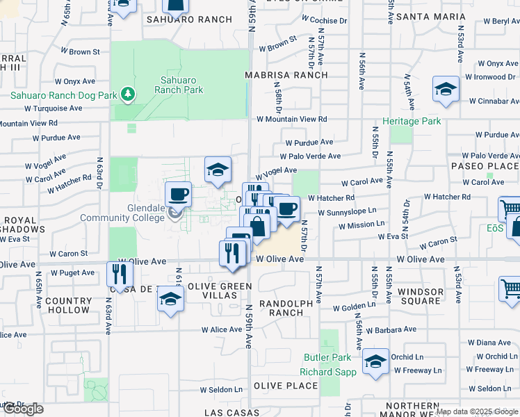 map of restaurants, bars, coffee shops, grocery stores, and more near 9204 North 58th Drive in Glendale