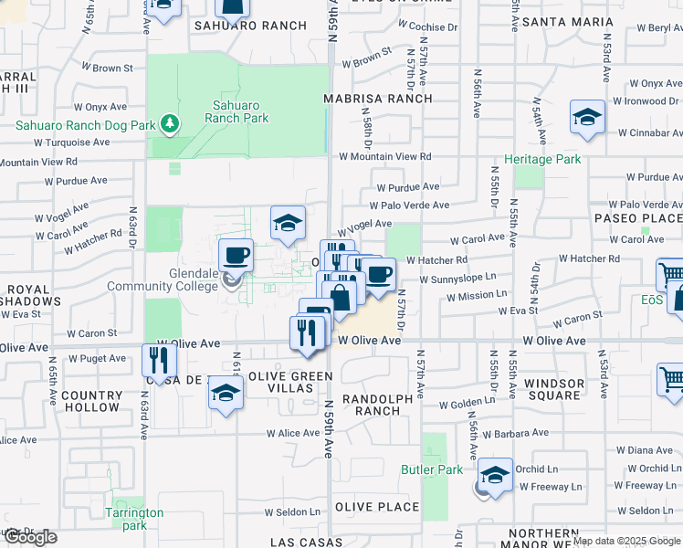 map of restaurants, bars, coffee shops, grocery stores, and more near 9204 North 58th Drive in Glendale