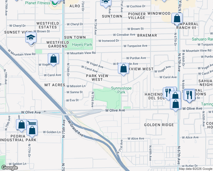 map of restaurants, bars, coffee shops, grocery stores, and more near 7144 West Sunnyslope Lane in Peoria