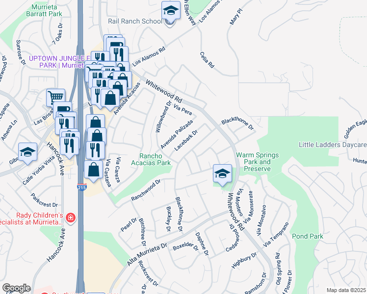 map of restaurants, bars, coffee shops, grocery stores, and more near 25322 Lacebark Drive in Murrieta
