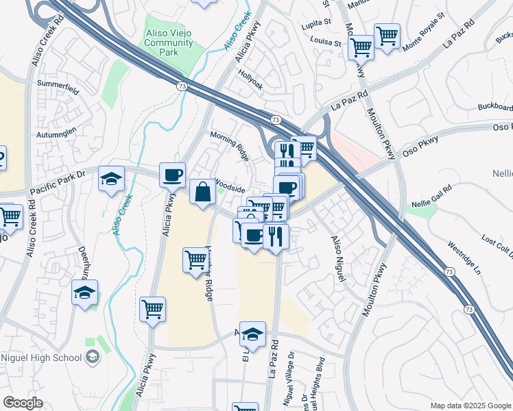 map of restaurants, bars, coffee shops, grocery stores, and more near 38 Coventry Lane in Aliso Viejo