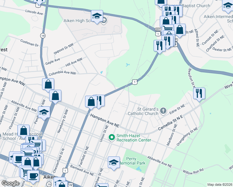 map of restaurants, bars, coffee shops, grocery stores, and more near 648 York Street Northeast in Aiken