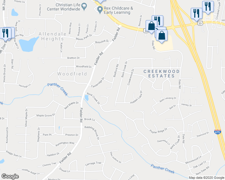 map of restaurants, bars, coffee shops, grocery stores, and more near 6754 Bedford Road in Rex