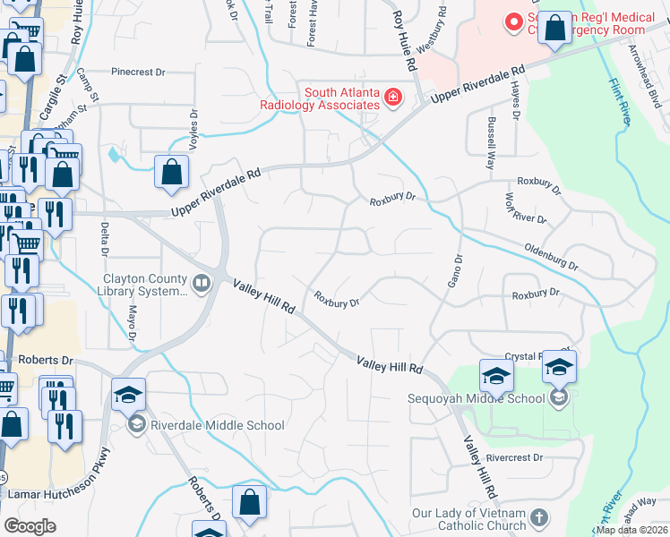 map of restaurants, bars, coffee shops, grocery stores, and more near 6748 Westfield Drive in Riverdale