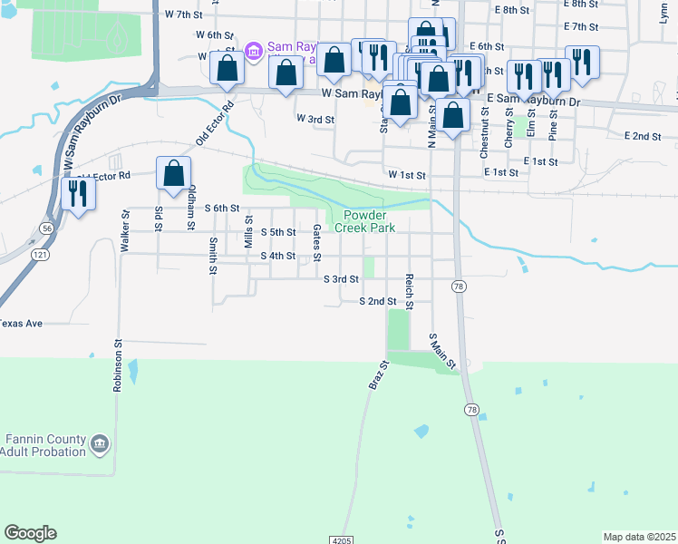 map of restaurants, bars, coffee shops, grocery stores, and more near 305 Bills Street in Bonham