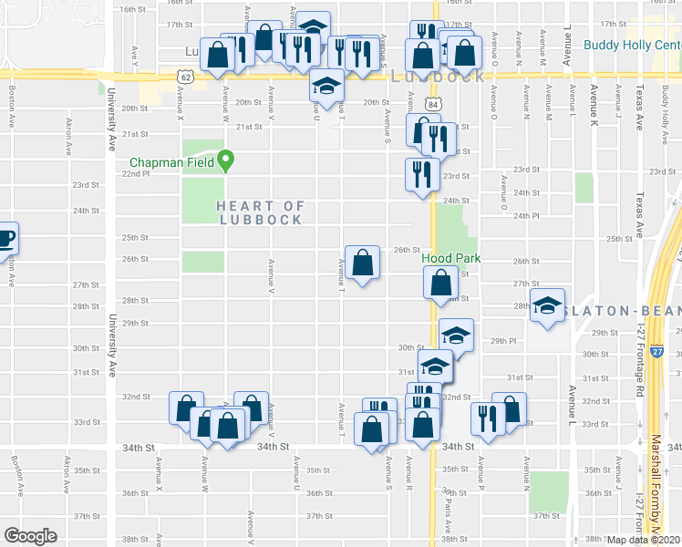 map of restaurants, bars, coffee shops, grocery stores, and more near 2698 Avenue T in Lubbock