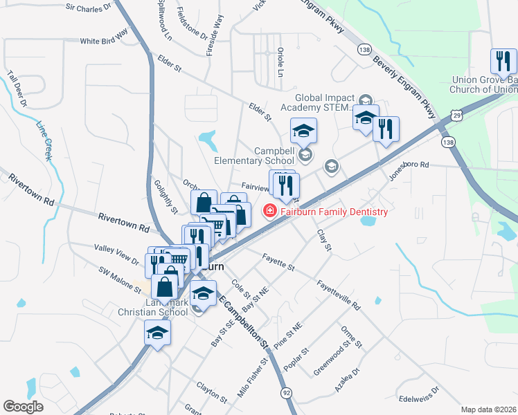 map of restaurants, bars, coffee shops, grocery stores, and more near 161 Jones Avenue in Fairburn