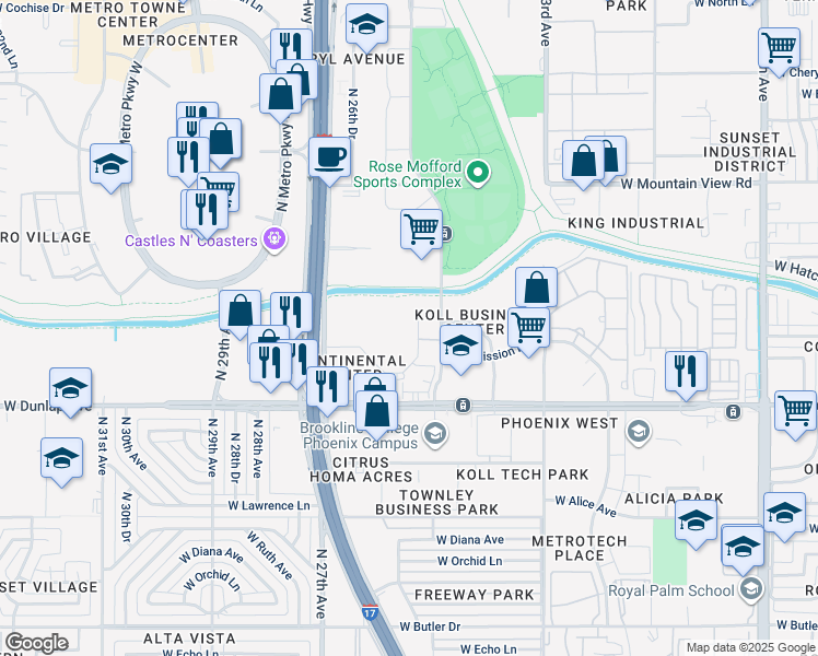 map of restaurants, bars, coffee shops, grocery stores, and more near 2512 West Dunlap Avenue in Phoenix