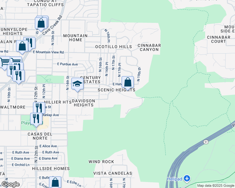 map of restaurants, bars, coffee shops, grocery stores, and more near 1709 East Hatcher Drive in Phoenix