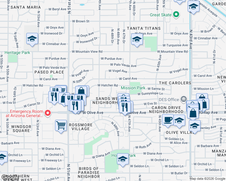 map of restaurants, bars, coffee shops, grocery stores, and more near 9221 North 48th Drive in Glendale