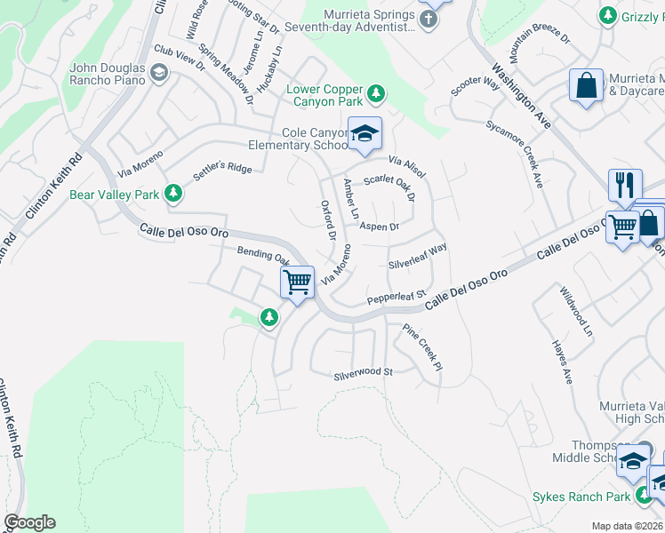 map of restaurants, bars, coffee shops, grocery stores, and more near 37854 Oxford Drive in Murrieta