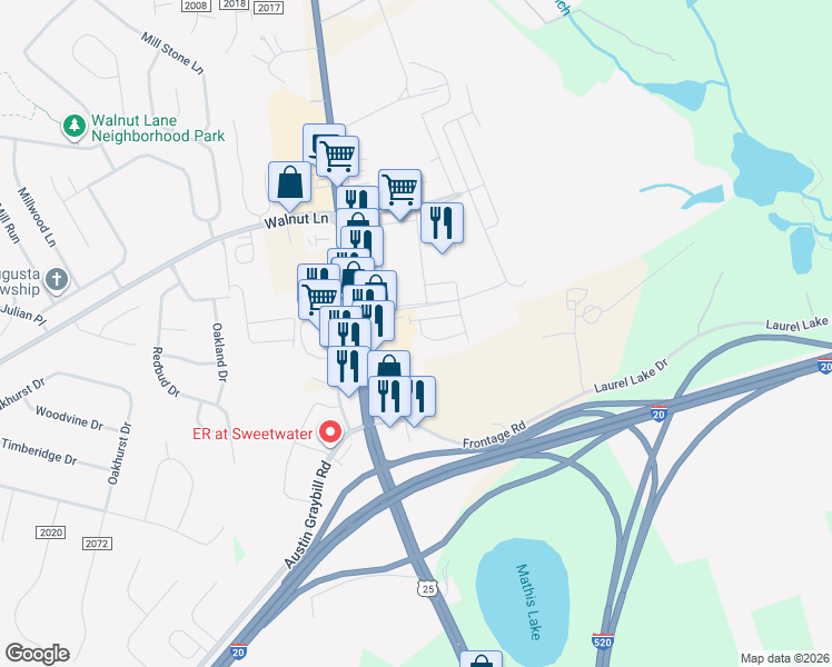 map of restaurants, bars, coffee shops, grocery stores, and more near Stephens Farm Lane in North Augusta