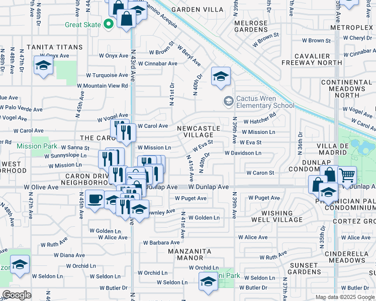 map of restaurants, bars, coffee shops, grocery stores, and more near 4110 West Eva Street in Phoenix