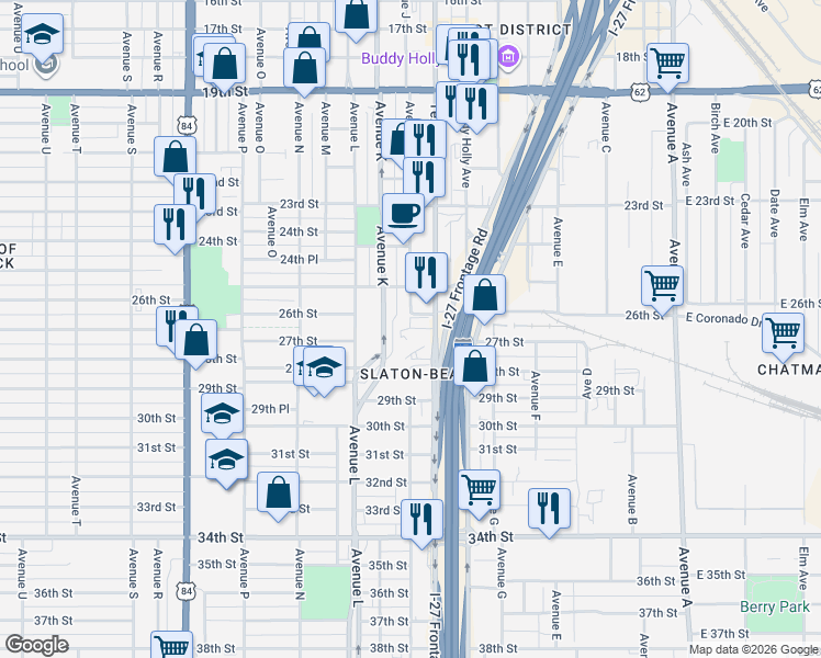 map of restaurants, bars, coffee shops, grocery stores, and more near 2604 Texas Avenue in Lubbock