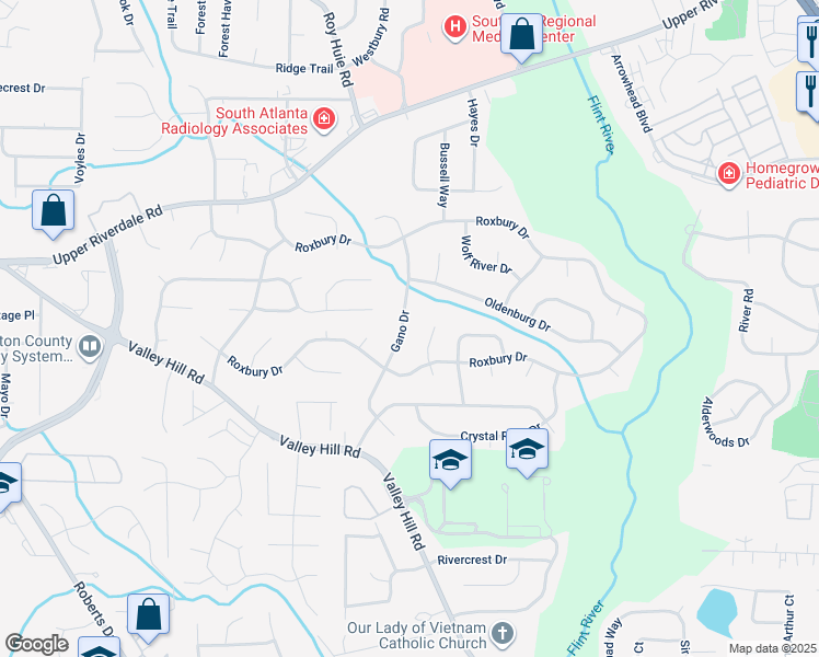 map of restaurants, bars, coffee shops, grocery stores, and more near 6740 Gano Drive in Riverdale