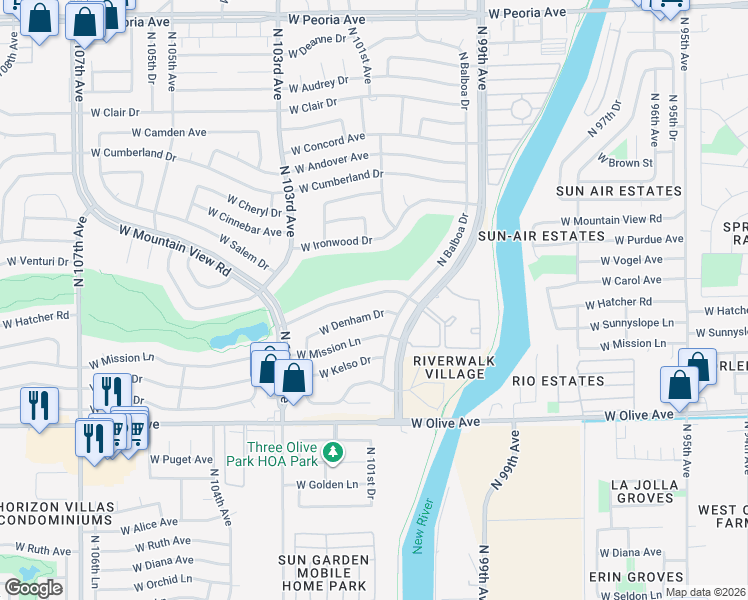 map of restaurants, bars, coffee shops, grocery stores, and more near 9922 West Denham Drive in Sun City