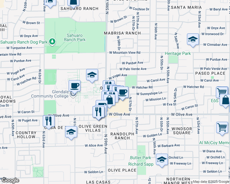 map of restaurants, bars, coffee shops, grocery stores, and more near 9204 North 58th Drive in Glendale