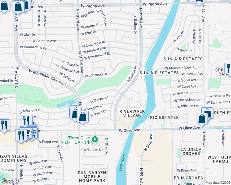 map of restaurants, bars, coffee shops, grocery stores, and more near 9922 West Denham Drive in Sun City