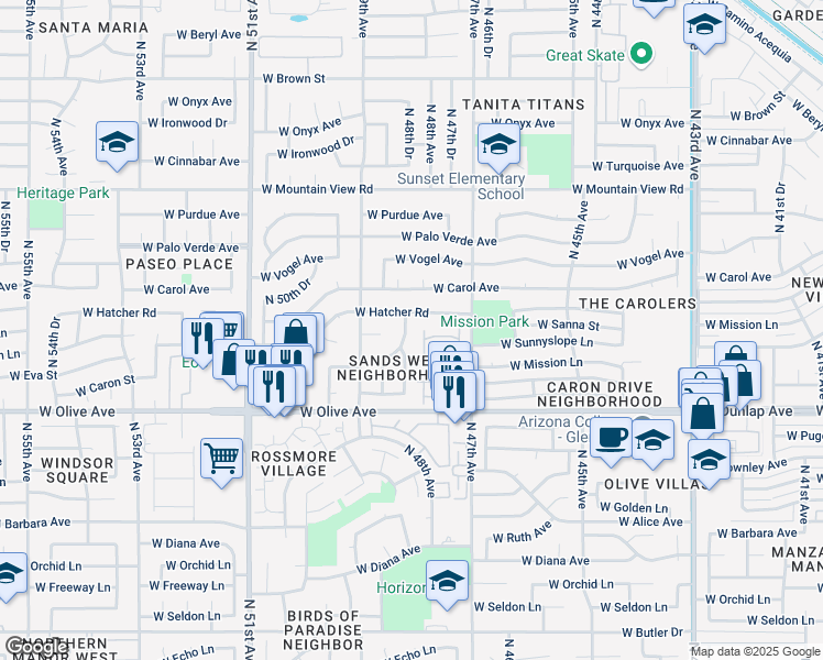 map of restaurants, bars, coffee shops, grocery stores, and more near 9221 North 48th Drive in Glendale