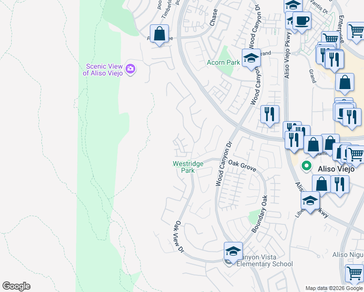 map of restaurants, bars, coffee shops, grocery stores, and more near 32 Vellisimo Drive in Aliso Viejo