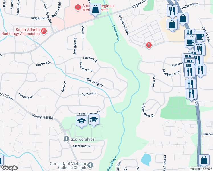 map of restaurants, bars, coffee shops, grocery stores, and more near 154 Oldenburg Drive in Riverdale