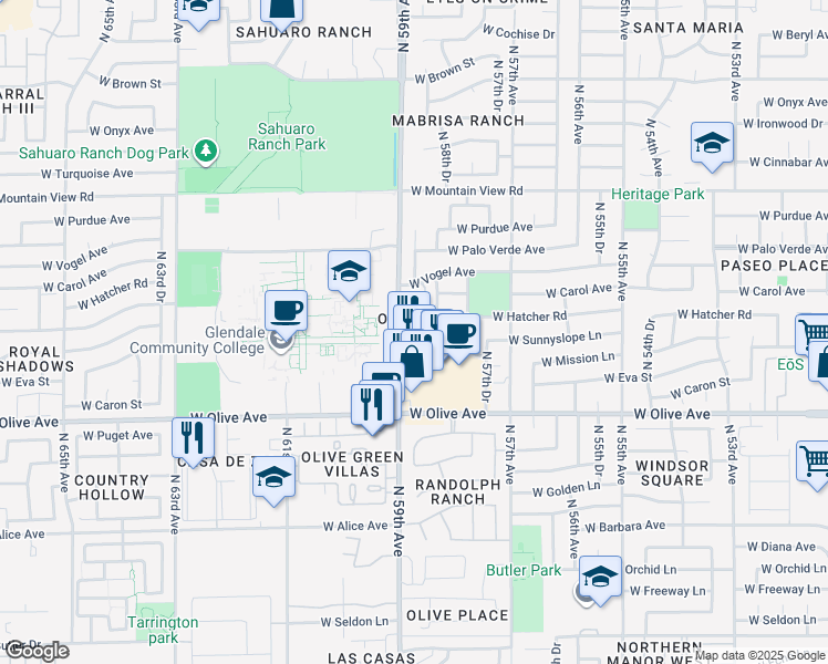 map of restaurants, bars, coffee shops, grocery stores, and more near 9204 North 58th Drive in Glendale