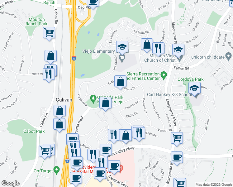 map of restaurants, bars, coffee shops, grocery stores, and more near 26611 Via Del Sol in Mission Viejo