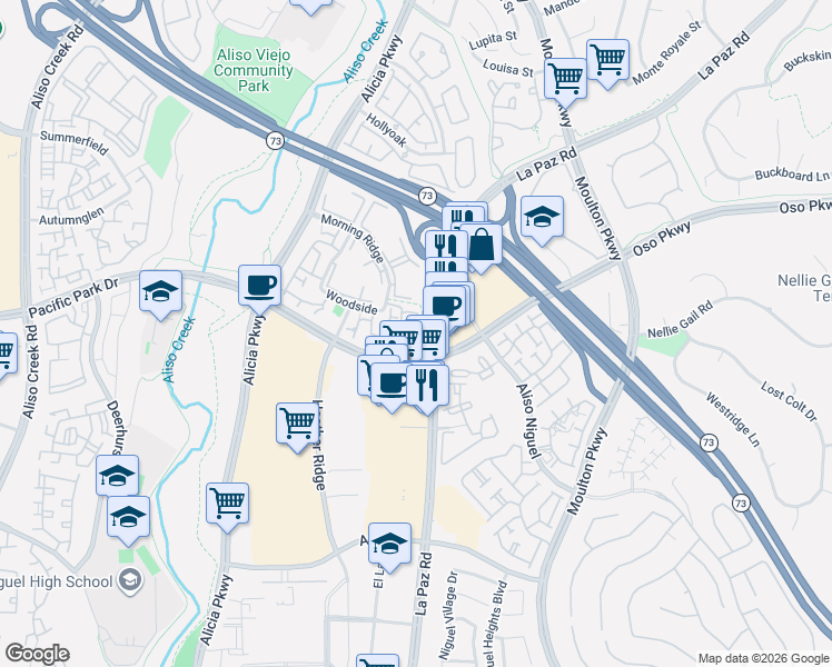 map of restaurants, bars, coffee shops, grocery stores, and more near 25 Oak Spring Lane in Laguna Hills