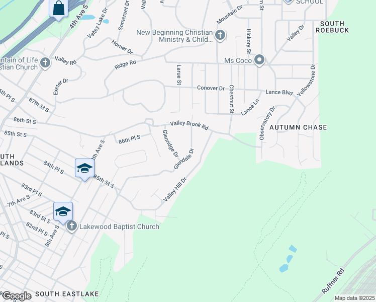map of restaurants, bars, coffee shops, grocery stores, and more near 8936 Glendale Drive in Birmingham